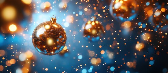 A golden Christmas bauble with a blue background and bokeh.