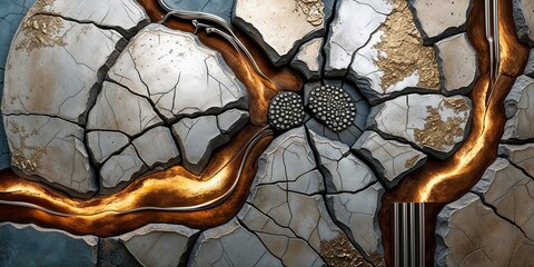 Sticker - Abstract background with cracked texture, gold, and silver elements.