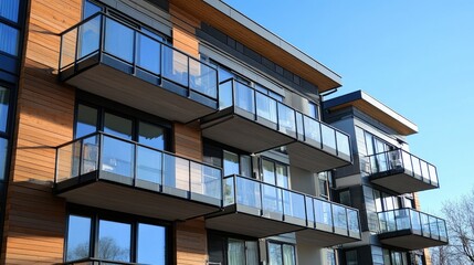 Modern apartment building with clear balconies, photographed from below with open space for text. No people visible