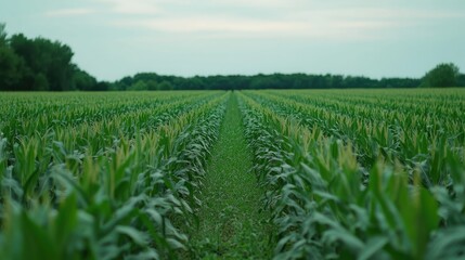 Rows of green corn crops stretching across the field, with open sky and plenty of space for copy