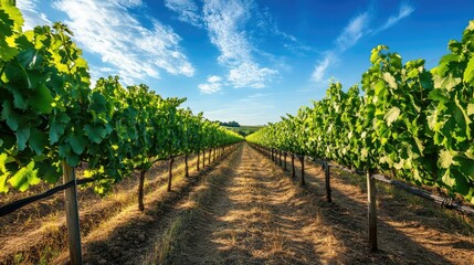 Wall Mural - Rows of grapevines in a vineyard, with space for copy in the empty sky above. No people visible