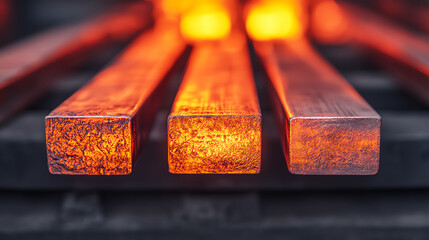 Close-up view of glowing metal bars in a forge, demonstrating the intense heat and craftsmanship involved in metalworking.