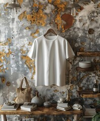 Mockup of a White tshirt is displayed on a hanger in a rustic apartment; template perfect for showcasing your apparel designs. The neutral colors and textures create a blank canvas for your product