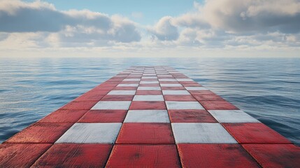 Poster - A red and white checkered walkway leads to the water