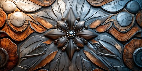 Wall Mural - Abstract metal and wood sculpture with a floral design.