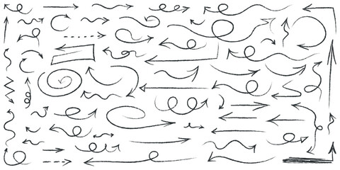 Doodle handdrawn arrow collectionon white background. Black hand drawn sketch, scribble, line elements. Set with arrows in pen style for business, web. Isolated vector illustration.