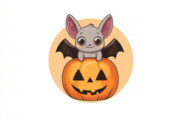 Wall Mural - Cute bat sitting on top of jack-o-lantern. Halloween card