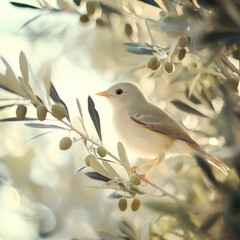 Sticker - A serene white bird perched among olive branches. This image captures the beauty of nature in soft light. Perfect for use in gardening, wildlife, and nature-themed projects. AI