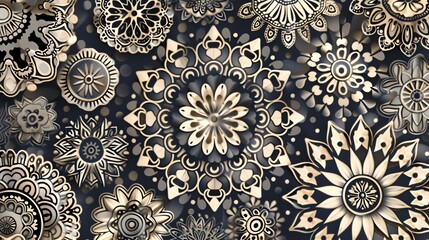 Wall Mural - Abstract background with ornate floral patterns in gold and black.