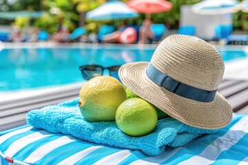 A serene summer poolside scene with a straw hat, limes, and sunglasses on a striped towel.