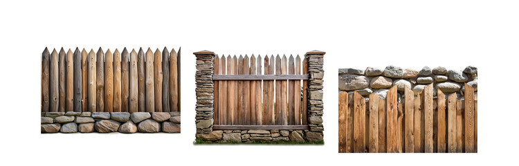 Poster - Three sections of a wooden fence with stone bases.