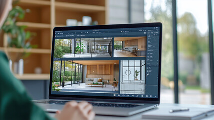 Architect designing modern interiors on laptop with 3d modeling software