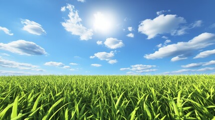 Poster - Lush Green Grass, Blue Sky, White Fluffy Clouds on a Sunny Day. Nature Background, Summer Landscape