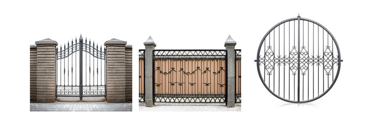 Poster - Three different styles of black wrought iron gates, each with intricate designs, are presented against a white background. The gates are attached to a stone wall.