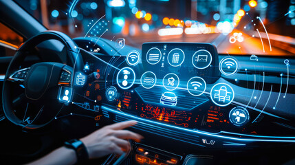 Futuristic Connected Car with Intelligent Heads Up Display and Graphical User Interface at Night, Internet of Things HUD in Modern Vehicle for Advanced Driving Experience