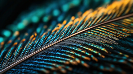 Canvas Print - Close-up macro shot of a colorful peacock feather with iridescent blue, green, and gold hues, showcasing intricate details and textures.