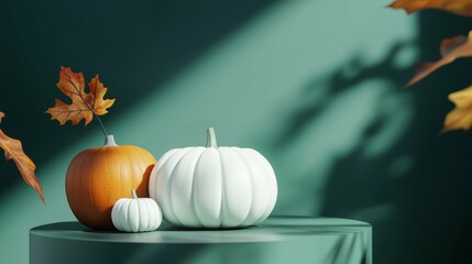 Decorative podium with white fresh pumpkin and autumn leaf on green table
