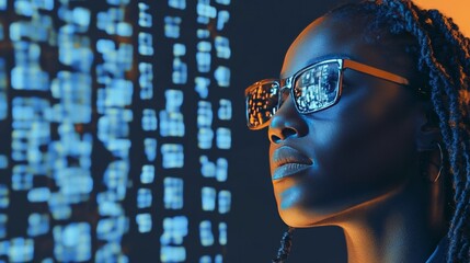 Wall Mural - close up portrait of a young woman with braids, analyzing flow of digital data. technology concept.