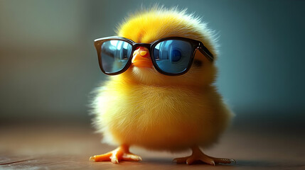 A cute chick wearing sunglasses, exuding a playful vibe.