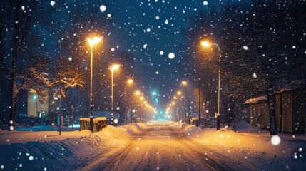 Wall Mural - Winter night with snow-covered streetlights illuminating a quiet town, space for copy