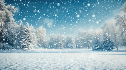 Wall Mural - Winter snowstorm in an empty park with snow-covered trees and space for copy in the sky