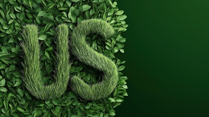 Poster - Grass letters forming 'US' surrounded by lush green leaves conveying a nature-focused theme against a dark green background.