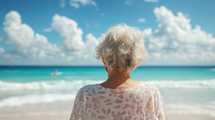 Sticker - A woman with white hair is standing on a beach looking out at the ocean