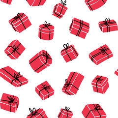 Gift boxes seamless pattern. Red presents with ribbon and bows on a white background. Vector illustration of various gift shapes in a minimalist, flat design. For holiday, birthday, and celebration.