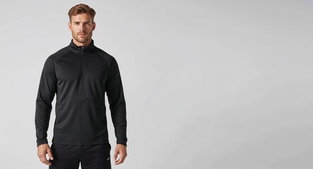 Wall Mural - Black athletic pullover jacket with quarter zip front on plain white background