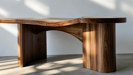 Wall Mural - a wooden table with a unique design sits in front of a white wall, bathed in sunlight