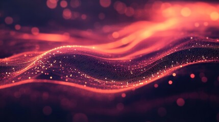 Abstract red and orange flowing particles with bokeh lights on a dark background.