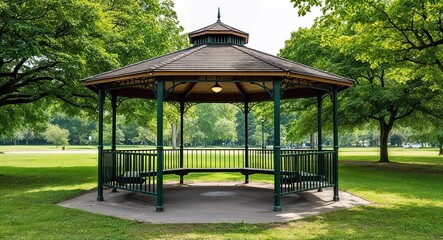 Canvas Print - Empty park gazebo surrounded by lush greenery