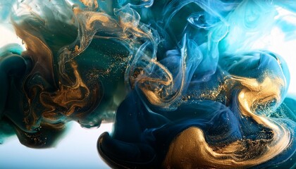 Wall Mural - a colorful and abstract background with sparkling swirls of gold and blue the colors look like smoke and ink underwater creating a cosmic effect