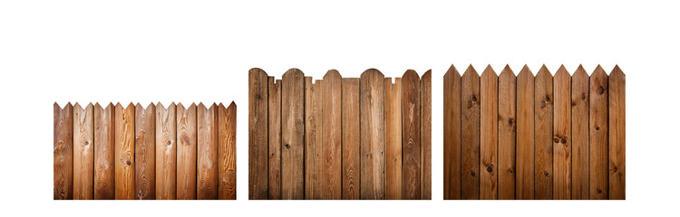 Poster - A close-up view of a brown wooden fence with different shaped tops on a white background.