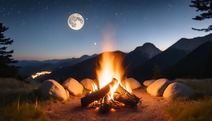 Wall Mural - as the moon rises behind the mountains a campfire creates a cozy and romantic setting with bokeh len
