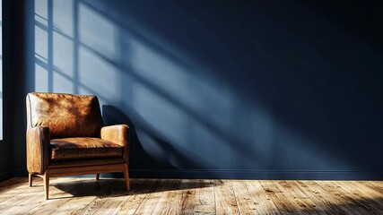 Wall Mural - a leather armchair sits in a room with a blue wall and wooden floor. the sun shines through a window