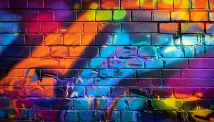 Wall Mural - a brick wall covered with graffiti in 90s aesthetics bright colors neon