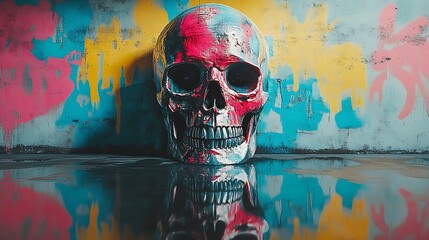 Wall Mural - A skull reflected perfectly against a graffiti-covered wall, with the mirrored image creating a symmetrical effect. The graffiti patterns are bold and vibrant, featuring neon colors like blue, pink,