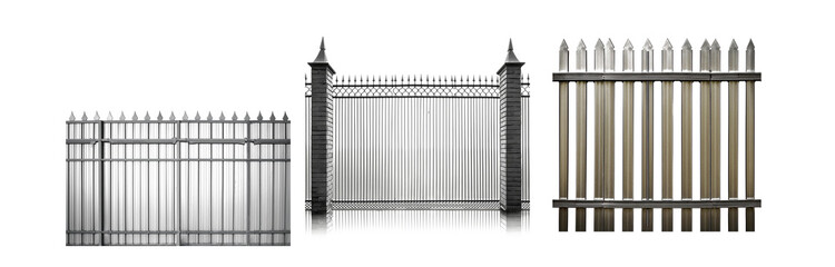 Poster - Three different metal fences with varying designs, showcasing various heights, patterns, and decorative elements.