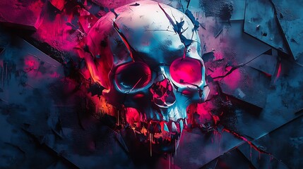 Wall Mural - A skull shattered into sharp geometric shapes, surrounded by chaotic graffiti lines and vibrant splashes of paint, each shard glowing with neon hues like electric blue and hot pink.