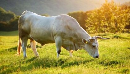 brahma bull grazing in green meadow