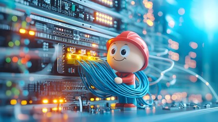 whimsical 3d clay sculpture depicting a cheerful network engineer character pulling a bundle of colo