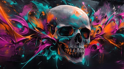 Wall Mural - A skull spinning in a whirlwind of graffiti shapes and neon colors like purple, teal, and orange. The chaotic graffiti lines twist around the skull,