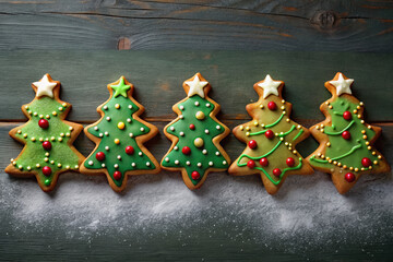 Christmas tree-shaped gingerbread cookies with icing on rustic wood background