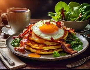 Wall Mural - Pumpkins pancake prepared with grilled bacon, fresh spinach and fried egg on top served with fresh lettuce and black coffee for a full breakfast