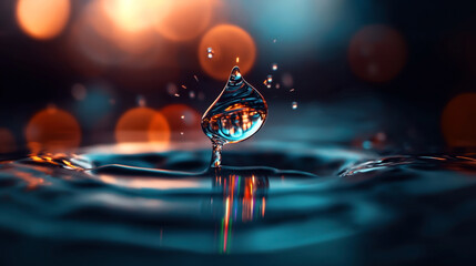 Canvas Print - Macro shot of a water droplet splash, captured in mid-air with colorful bokeh lights in the background, reflecting a mix of warm and cool tones.