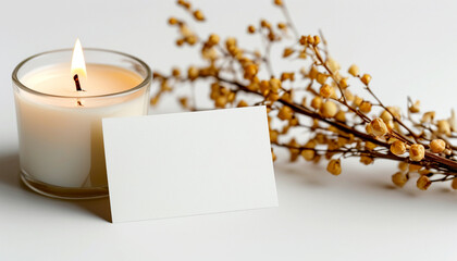 Soft candlelight illuminates a blank card beside dried flowers on a serene table