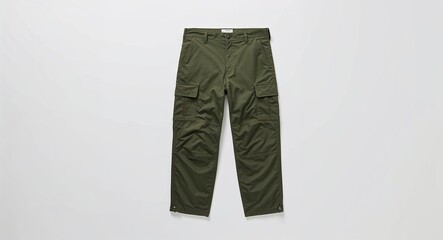 Olive green utility pants with side pockets on plain white background