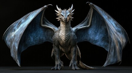 A majestic, blue and grey dragon with large wings stands against a black background. It has a fierce expression, sharp claws, and scales.