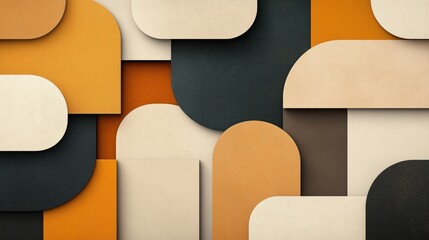 Sticker - Abstract geometric pattern featuring overlapping shapes with rounded edges in earthy tones of orange, cream, black, and brown, creating a layered three-dimensional effect.